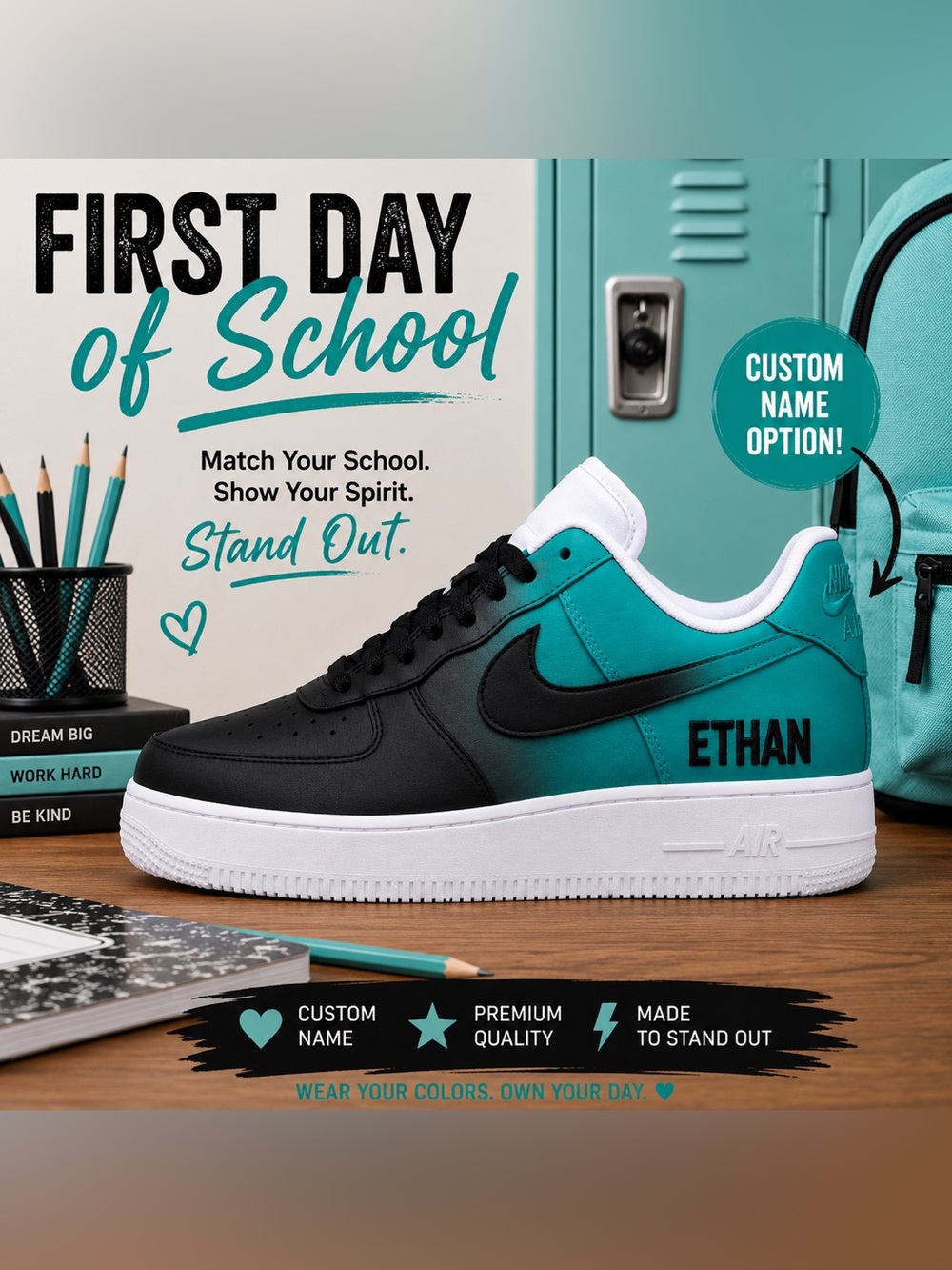 Custom School Spirit Nike Air Force 1 Shoes Personalized Back to School Sneakers